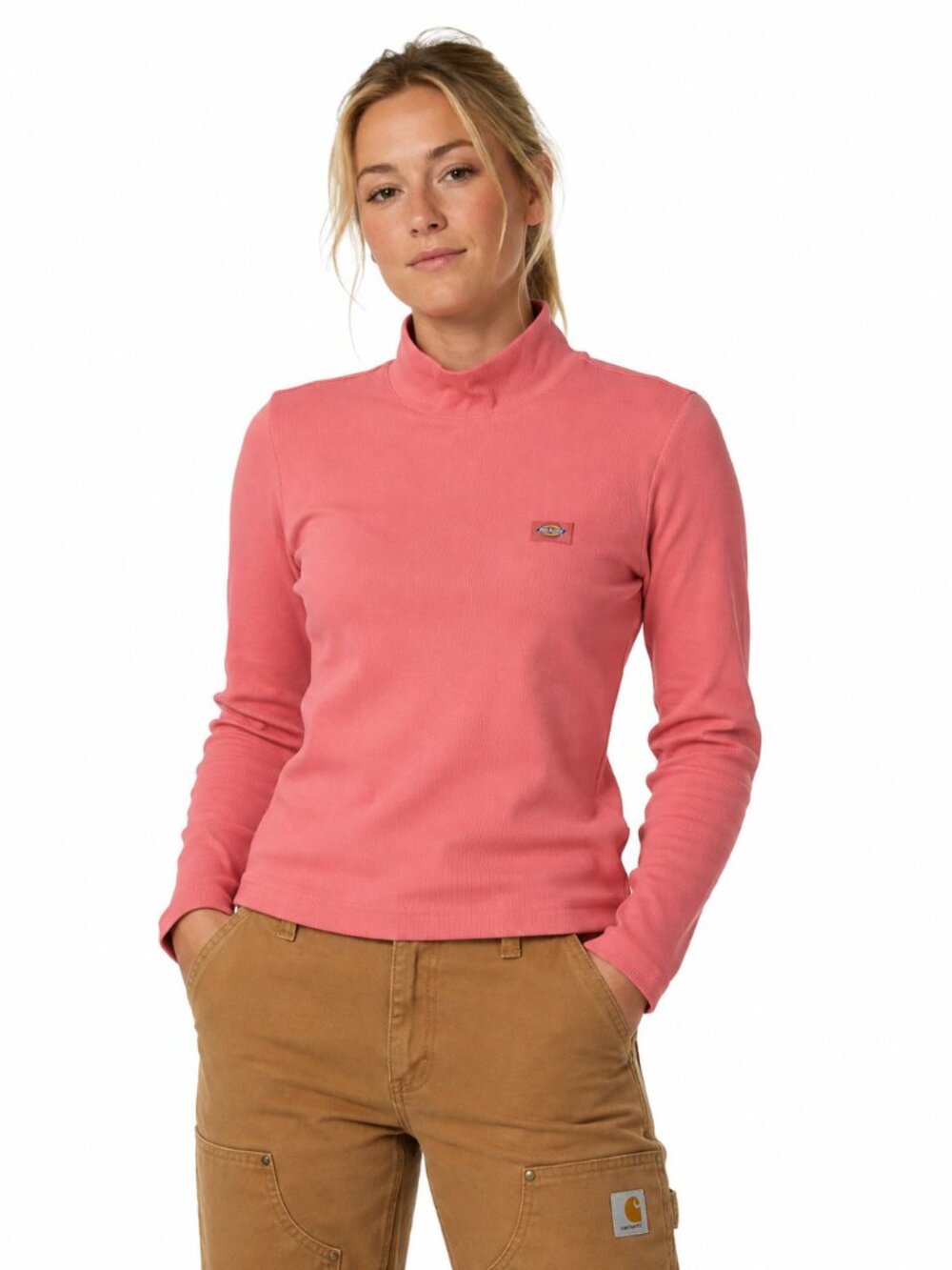 Dickies Ribbed Mock Neck Long Sleeve Top Salmon Pink Slim Fit Womens Medium NWT
